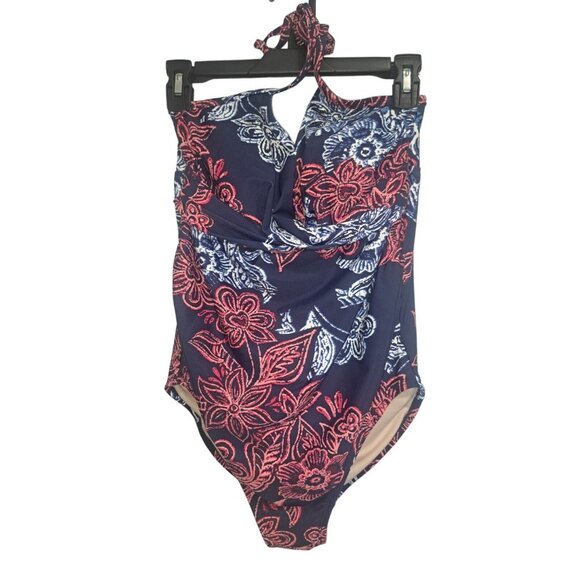 Isabelle Maternity One Piece Halter Tropical Swimsuit Medium Red White Blue - Picture 1 of 3